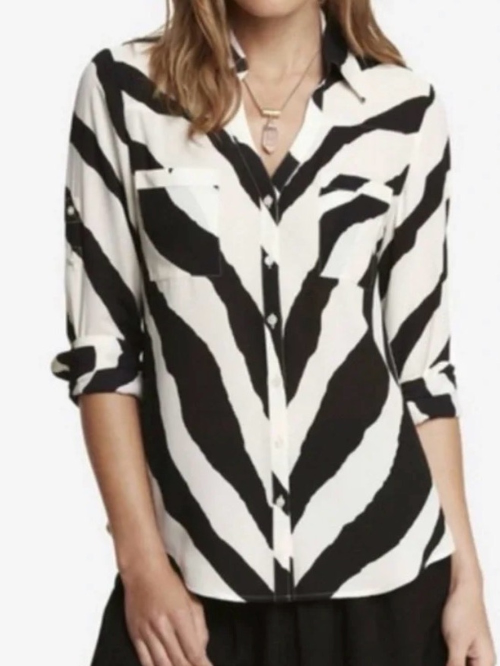 Express The Portifino Shirt Zebra Black And White Stripes Long Sleeve Button Up